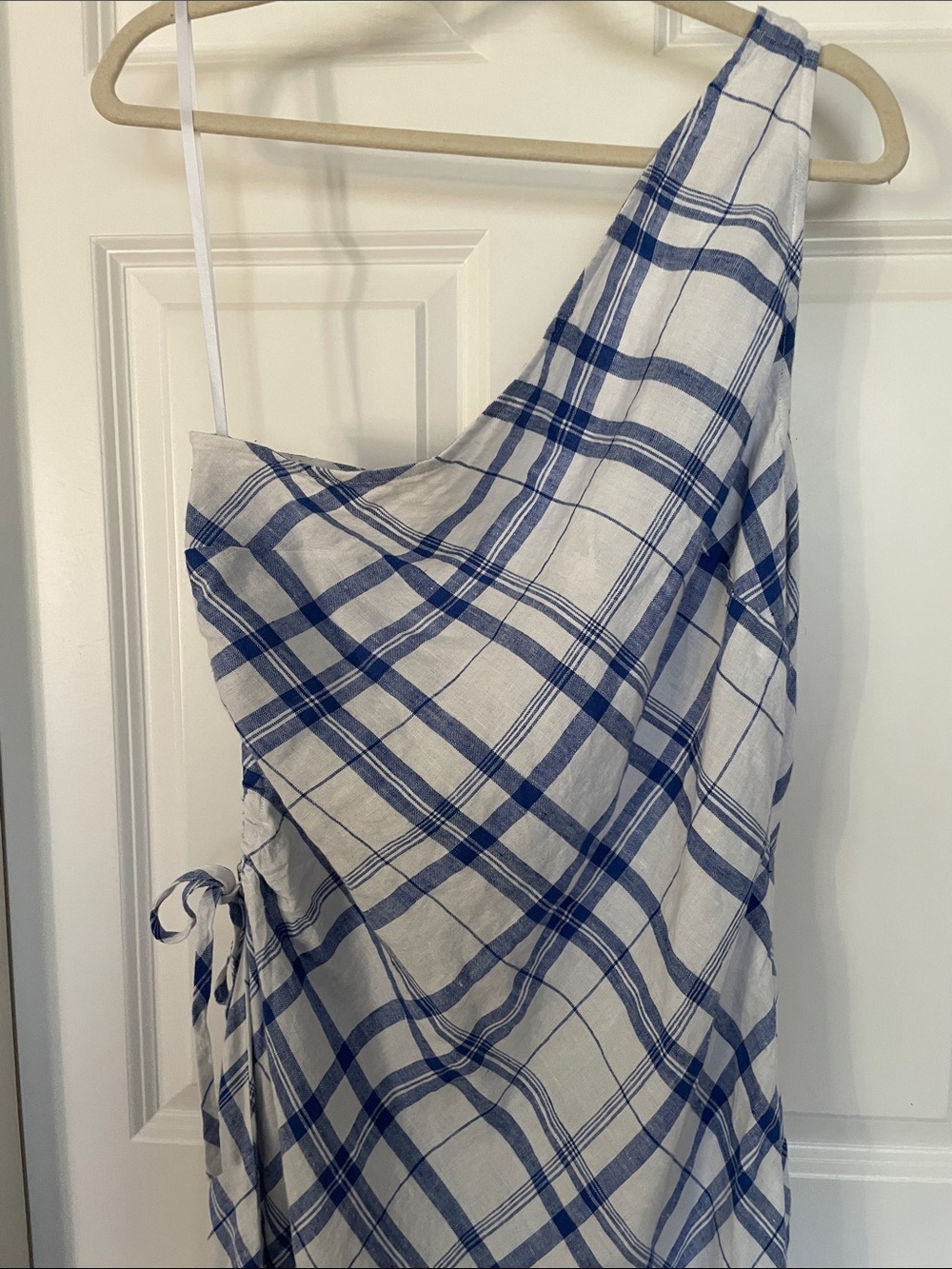 Madewell Ruched One-Shoulder Midi Dress Size 12 Blue White Plaid Linen - Picture 3 of 12